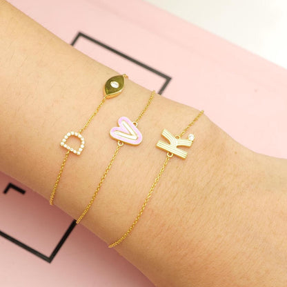 Pink Enamel V Initial Diamond Bracelet