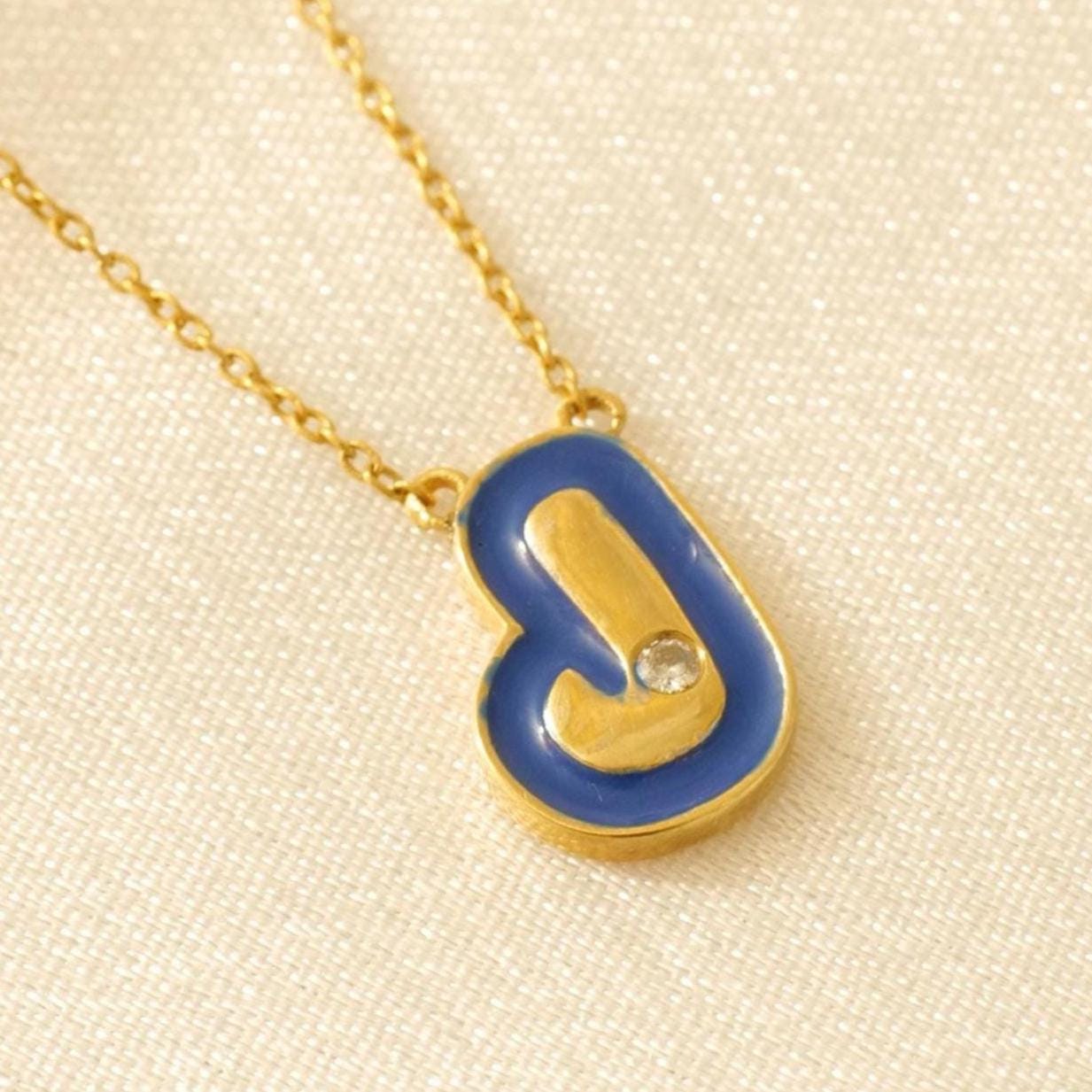 Blue Enamel Initial Diamond Necklace