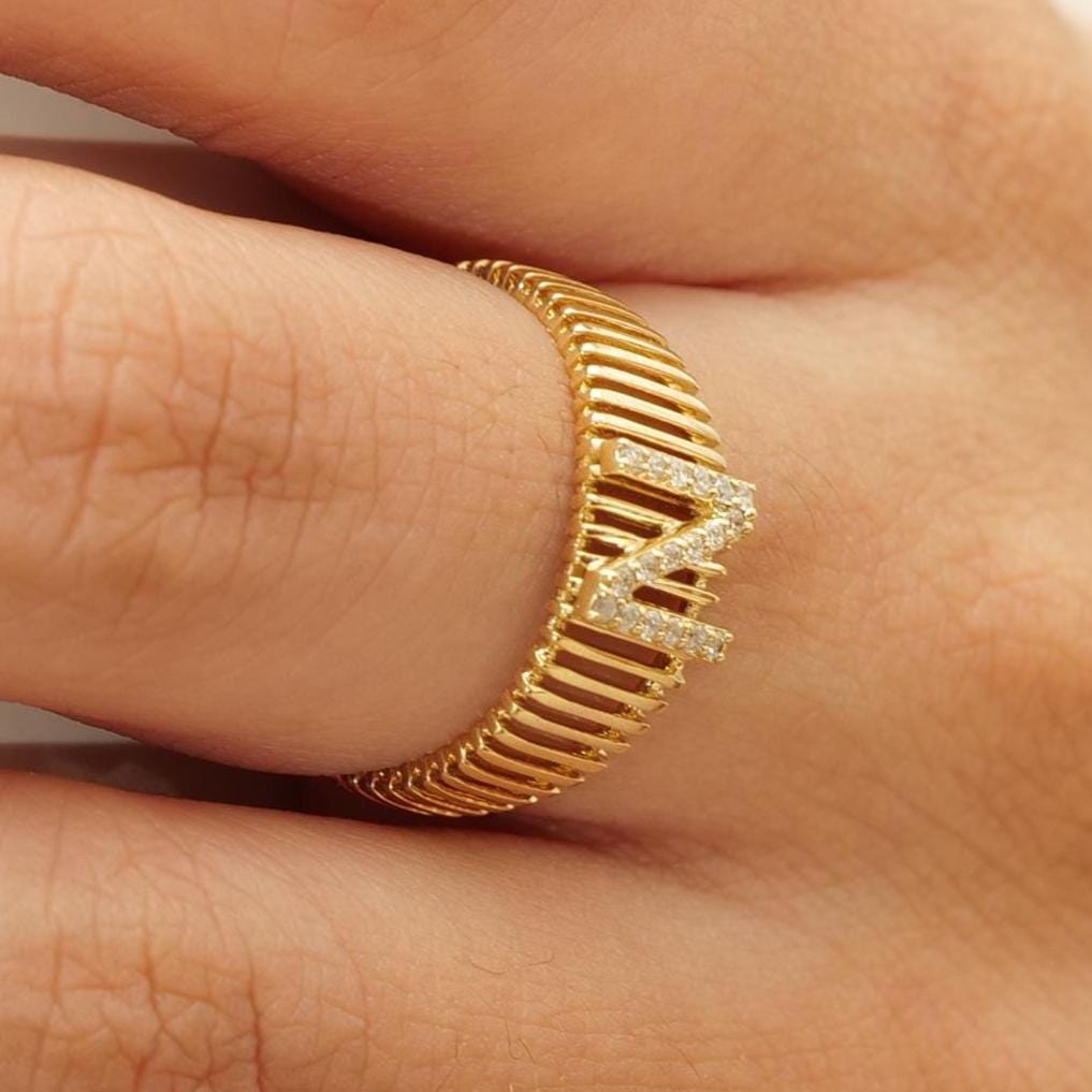 Ribbed Band Initial Diamond Ring