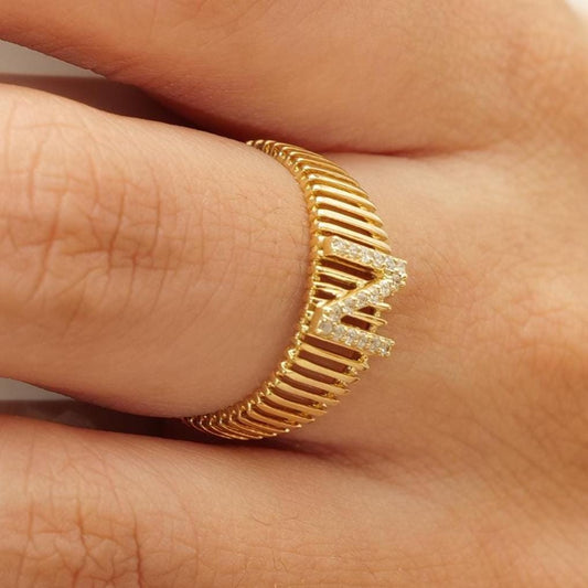 Ribbed Band Initial Diamond Ring