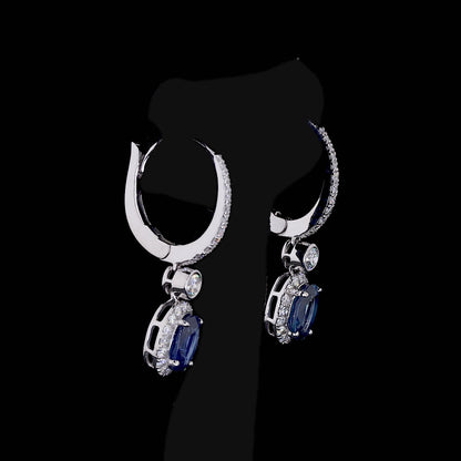 Blue Sapphire Diamond Halo Drop Earrings