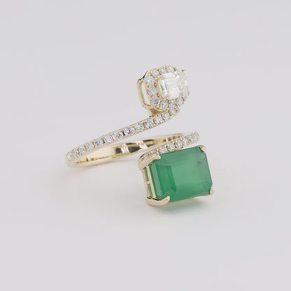 Toi et Moi Natural Zambian Emerald Diamond Ring in 14K Gold