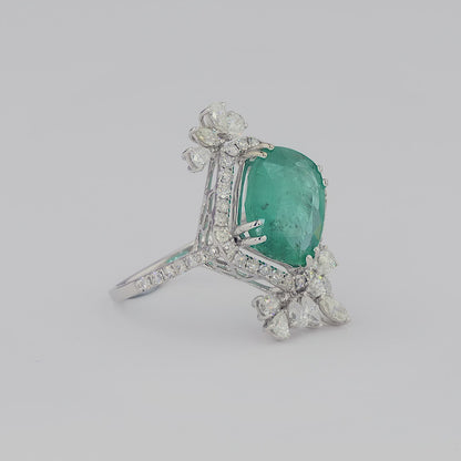 Cushion Emerald Diamond Cluster Cocktail Ring