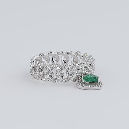 Cuban Link Diamond Ring with Emerald Heart Dangle