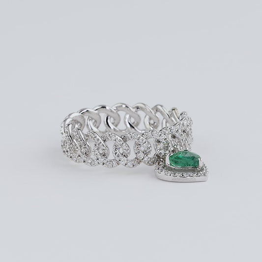 Cuban Link Diamond Ring with Emerald Heart Dangle