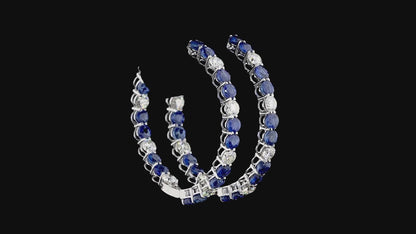 Natural Blue Sapphire Diamond Hoop Earrings