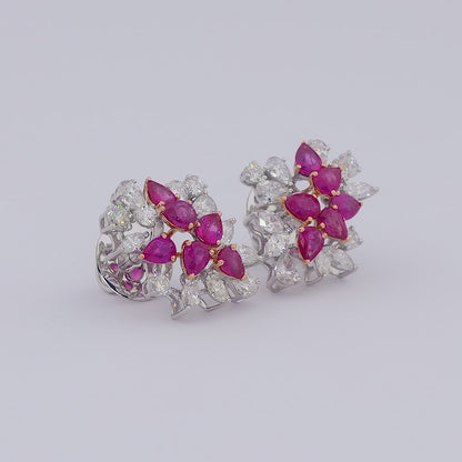 Ruby Diamond Floral Bloom Stud Earrings
