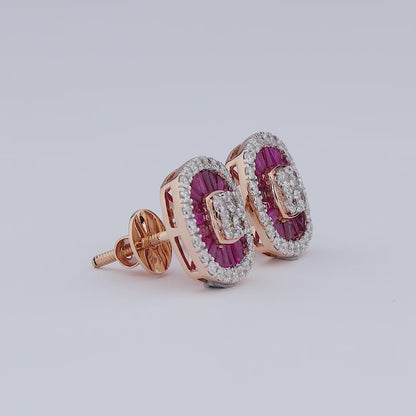 Ruby Baguette Diamond Double Halo Stud Earrings
