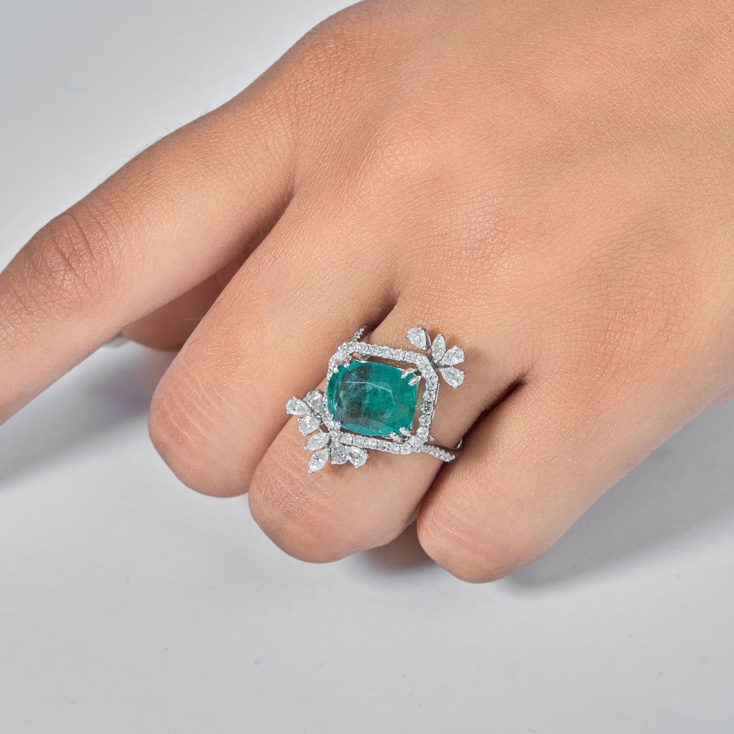 Cushion Emerald Diamond Cluster Cocktail Ring