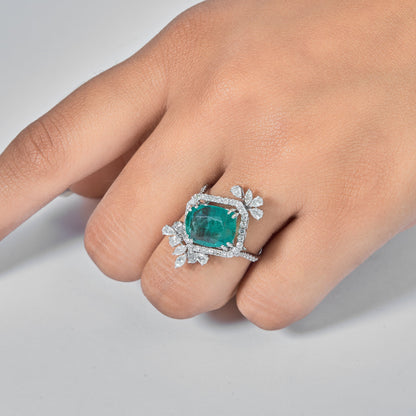 Cushion Emerald Diamond Cluster Cocktail Ring