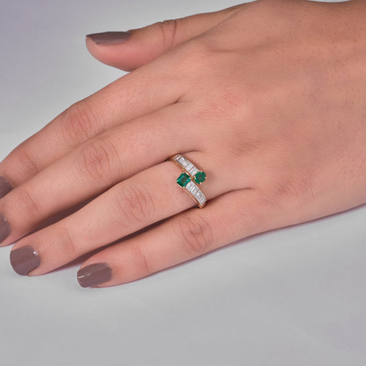 Toi et Moi Emerald Diamond Art Deco Ring